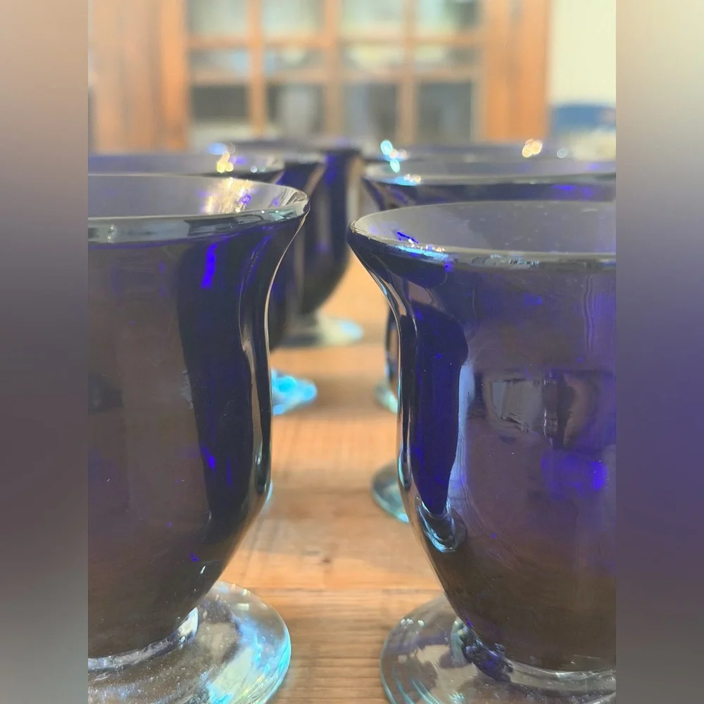 8 Handblown Cobalt Drinking Glasses. 4”T. Pedestal | Vintage | Vibrant | EUC